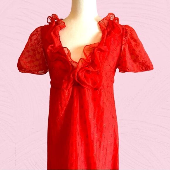 Vintage 60s bright red ruffled maxi gown - Picture 2 of 14